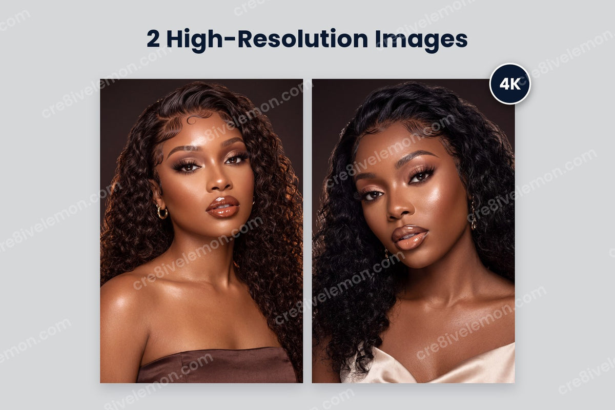 Duo Beauty AI Image Pack preview: two beauty close-up portraits side by side with a 4K badge, on a light grey background (watermarked preview)