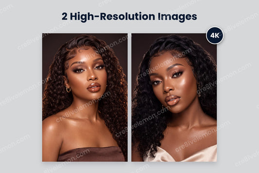 Duo Beauty AI Image Pack preview: two beauty close-up portraits side by side with a 4K badge, on a light grey background (watermarked preview)