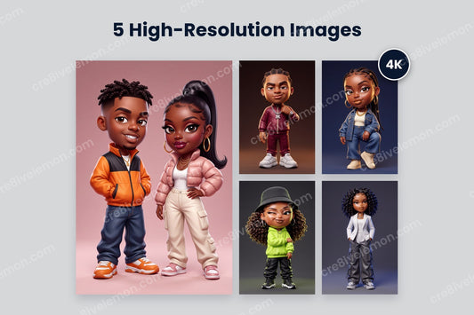 3D Hip-Hop Characters AI Image Pack preview: one large streetwear couple and four smaller 3D hip-hop characters with a 4K badge, on a light grey background (watermarked preview)