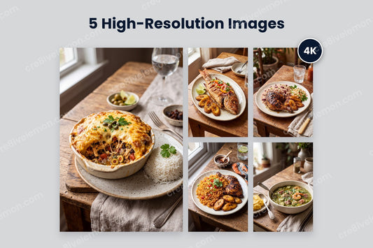 Caribbean Food Photography AI Image Pack preview: one large keshi yena dish and four smaller Caribbean food photos with a 4K badge, on a light grey background (watermarked preview)