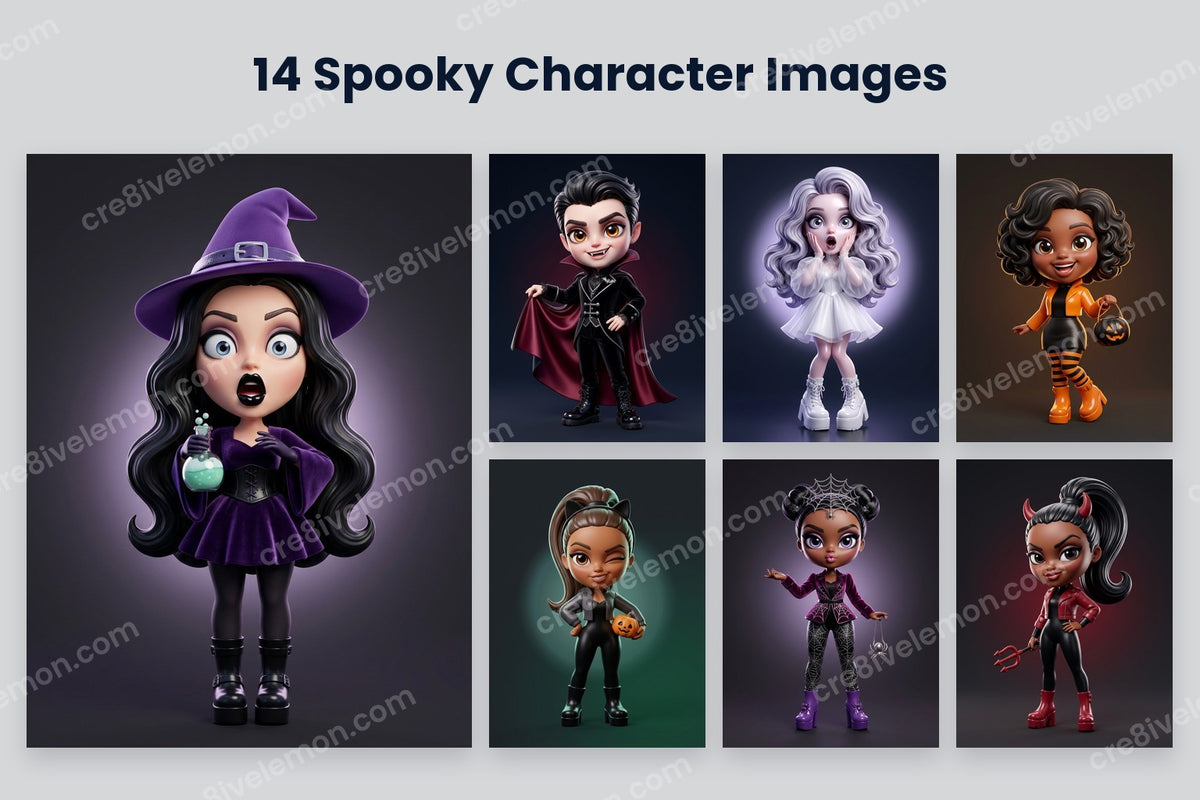 Spooky Little Characters AI Image Pack preview: a large glam witch and six smaller 3D Halloween characters on a light grey background (watermarked preview)