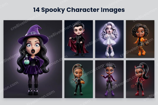 Spooky Little Characters AI Image Pack preview: a large glam witch and six smaller 3D Halloween characters on a light grey background (watermarked preview)