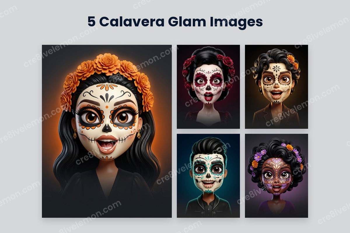 Calavera Glam Cartoons AI Image Pack preview: a large marigold queen and four smaller 3D calavera portraits on a light grey background (watermarked preview)