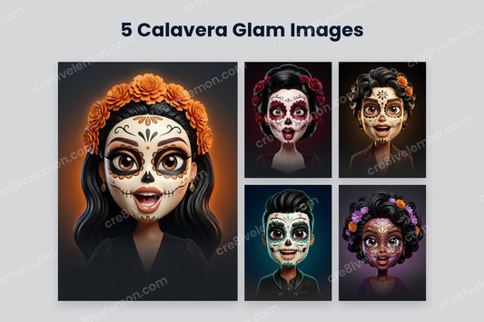 Calavera Glam Cartoons AI Image Pack preview: a large marigold queen and four smaller 3D calavera portraits on a light grey background (watermarked preview)