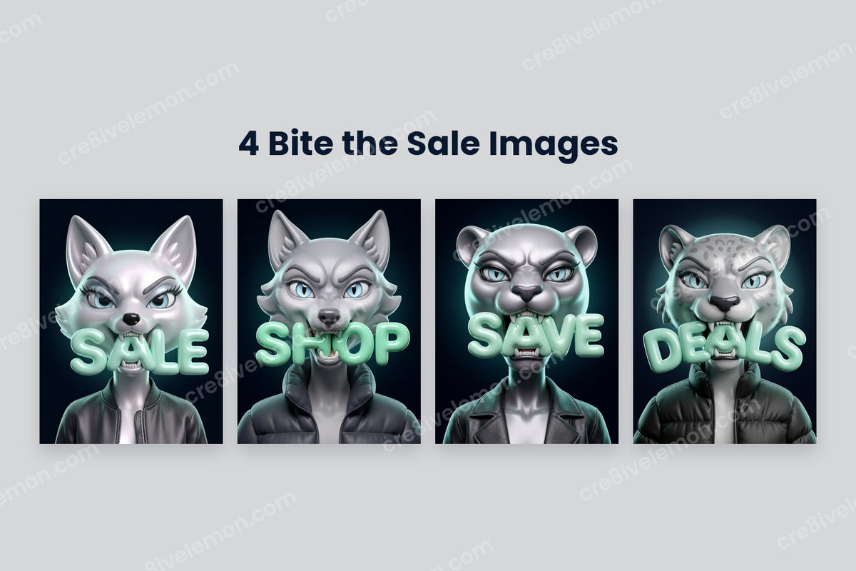 Bite the Sale Silver Cartoons AI Image Pack preview: a large silver arctic fox biting the word SALE and three more silver animal characters on a light grey background (watermarked preview)