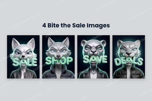Bite the Sale Silver Cartoons AI Image Pack preview: a large silver arctic fox biting the word SALE and three more silver animal characters on a light grey background (watermarked preview)