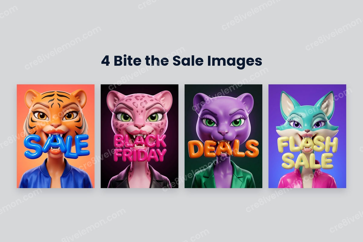 Bite the Sale Colourful Cartoons AI Image Pack preview: a large pink leopard biting the words BLACK FRIDAY and three more colourful animal characters on a light grey background (watermarked preview)