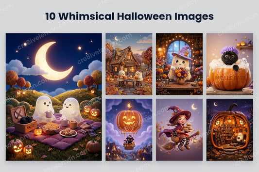 Whimsical Halloween Scenes AI Image Pack preview: a large moonlit pumpkin picnic with ghosts and six smaller whimsical Halloween scenes on a light grey background (watermarked preview)