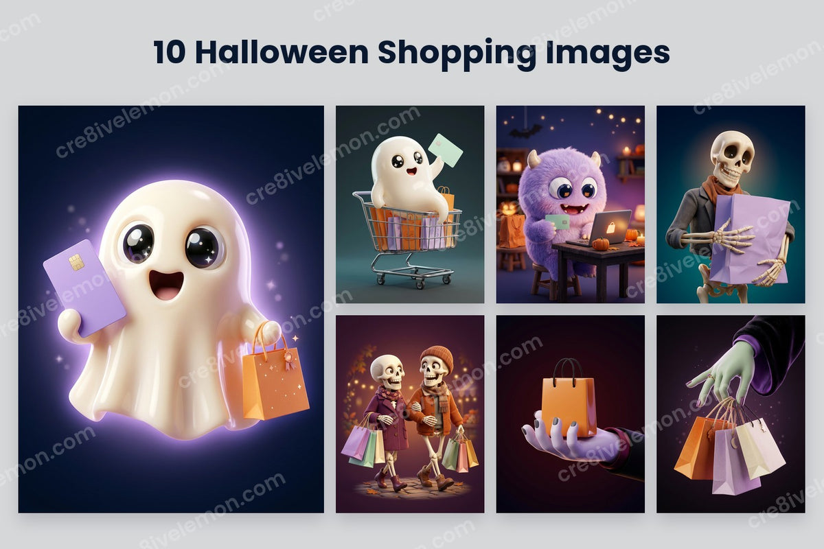 Halloween Shopping Scenes AI Image Pack preview: a large ghost with a credit card and six smaller Halloween shopping scenes on a light grey background (watermarked preview)