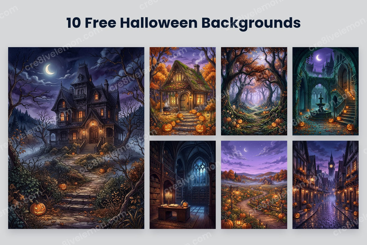 Enchanted Anime-Style Halloween Backgrounds preview: a large anime-style haunted mansion and six smaller enchanted Halloween backgrounds on a light grey background (watermarked preview)