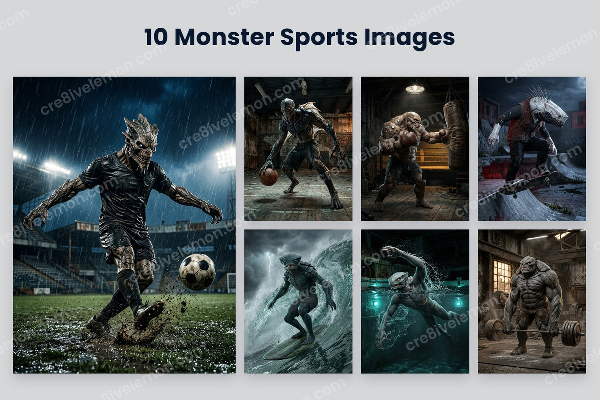 3D Monster Sports Characters AI Image Pack preview: a large 3D monster playing football in the rain and six smaller monster athletes on a light grey background (watermarked preview)