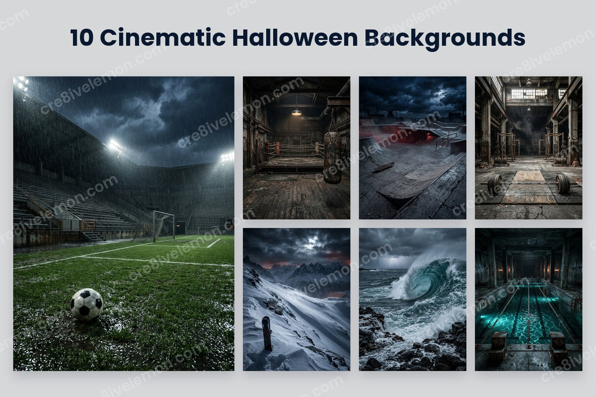 Cinematic 3D Halloween Backgrounds AI Image Pack preview: a large deserted football stadium in the rain and six smaller cinematic Halloween backgrounds on a light grey background (watermarked preview)