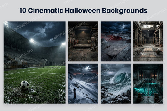 Cinematic 3D Halloween Backgrounds AI Image Pack preview: a large deserted football stadium in the rain and six smaller cinematic Halloween backgrounds on a light grey background (watermarked preview)