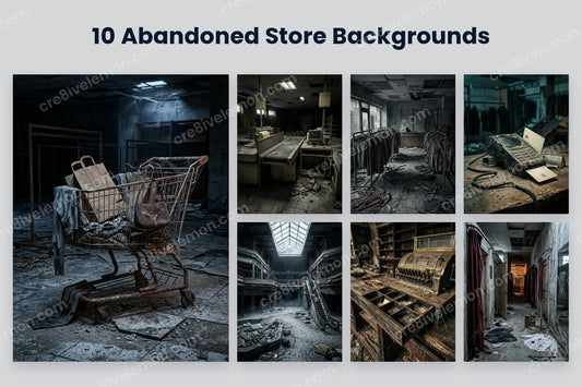 Abandoned Store Horror Backgrounds AI Image Pack preview: a large forgotten shopping cart in an abandoned store and six smaller eerie store backgrounds on a light grey background (watermarked preview)