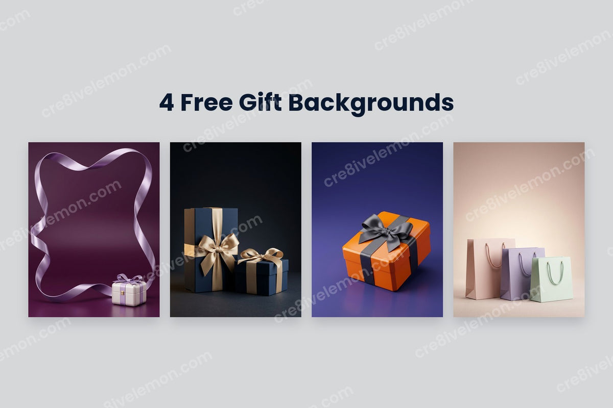 Glossy Gift Studio Backgrounds preview: four glossy gift and shopping backgrounds side by side on a light grey background (watermarked preview)