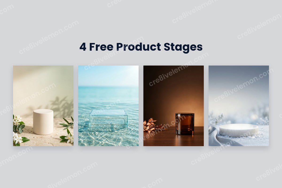 Seasonal Beauty Product Stages preview: four seasonal beauty product stages side by side: spring, summer, autumn and winter on a light grey background (watermarked preview)