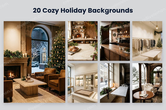 Cozy Holiday Business Backgrounds AI Image Pack preview: a large Christmas hotel lounge and six smaller cosy holiday business backgrounds on a light grey background (watermarked preview)