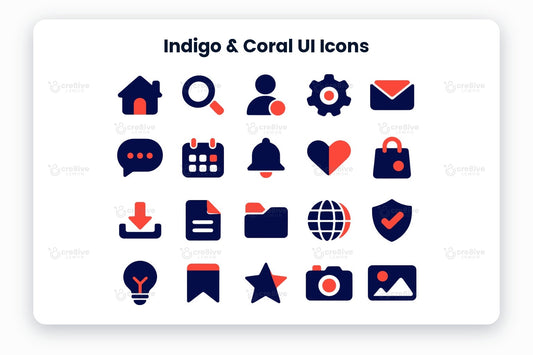 Indigo & Coral UI Icons preview on a light grey background, titled 30 Indigo & Coral UI Icons: solid indigo and coral icons of home, search, user, settings, mail, chat, calendar, notification, favorite, shopping bag, download, document, folder, globe, security, idea, bookmark, star, camera, image, play, headphones, location, clock, lock, credit card, statistics, upload, link and gift