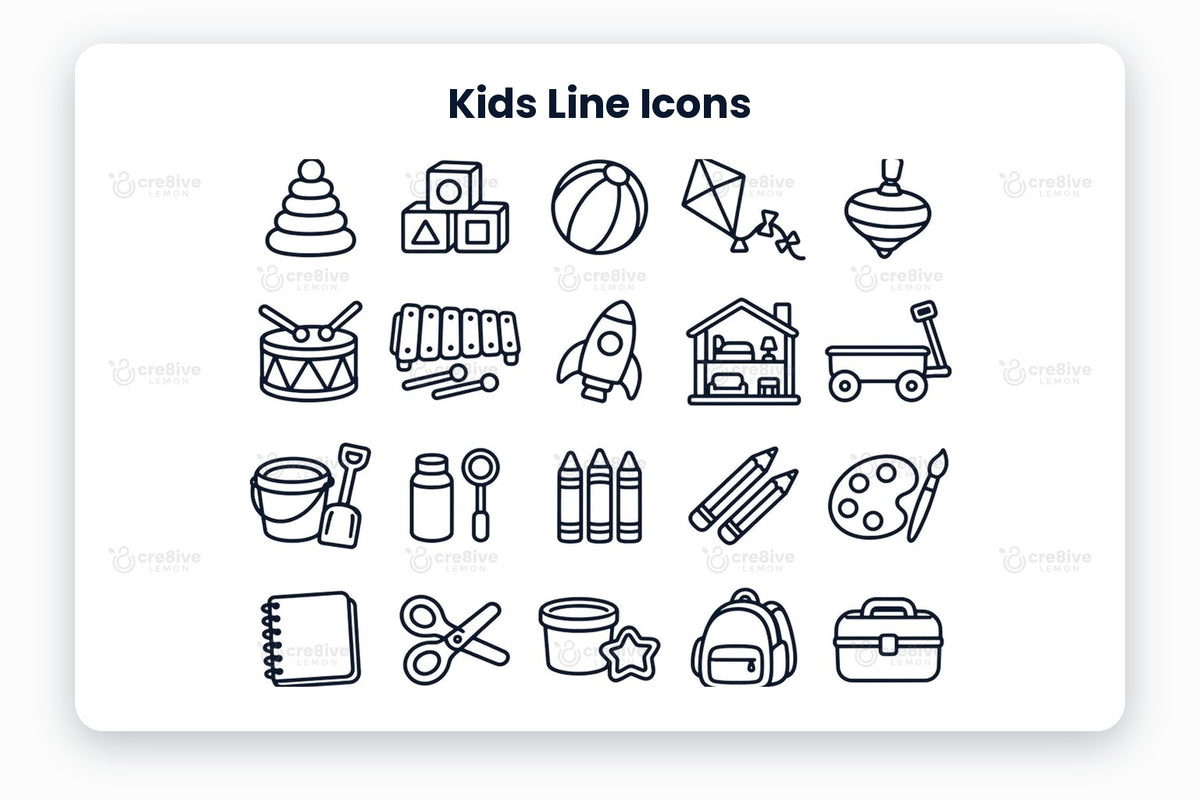 Kids Line Icons preview on a light grey background, titled 30 Kids Line Icons: navy line icons of stacking rings, toy blocks, beach ball, kite, spinning top, drum, xylophone, toy rocket, dollhouse, toy wagon, sand bucket, bubble wand, crayons, coloured pencils, paint palette, notebook, kids scissors, play dough, backpack, lunch box, water bottle, rain boots, raincoat, sun hat, sneakers, mittens, bike helmet, swim goggles, swim ring and toy box