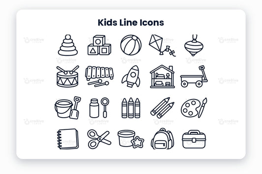 Kids Line Icons preview on a light grey background, titled 30 Kids Line Icons: navy line icons of stacking rings, toy blocks, beach ball, kite, spinning top, drum, xylophone, toy rocket, dollhouse, toy wagon, sand bucket, bubble wand, crayons, coloured pencils, paint palette, notebook, kids scissors, play dough, backpack, lunch box, water bottle, rain boots, raincoat, sun hat, sneakers, mittens, bike helmet, swim goggles, swim ring and toy box