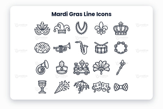 Mardi Gras Line Icons preview on a light grey background, titled 30 Mardi Gras Line Icons: navy line icons of carnival mask, jester hat, bead necklace, fleur-de-lis, crown, king cake, trumpet, saxophone, drum, tambourine, sousaphone, marching hat, parade float, feather fan, sceptre, goblet, confetti cone, parade umbrella, comedy and tragedy masks, harlequin bow tie, jester shoe, feather headdress, doubloon, crawfish, street lamp, balcony, riverboat, hurricane cocktail, beignets and ribbon baton