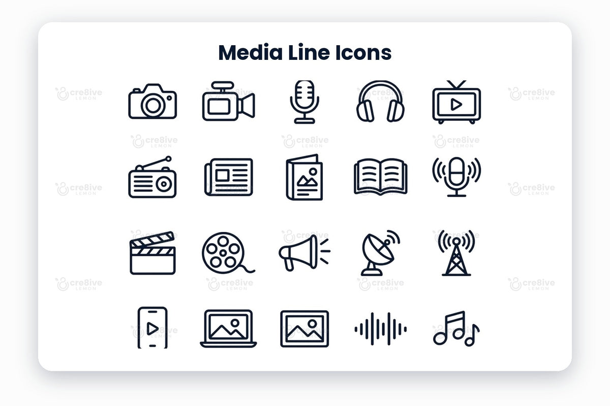 Media Line Icons preview on a light grey background, titled 30 Media Line Icons: navy line icons of camera, video camera, microphone, headphones, television, radio, newspaper, magazine, open book, podcast, clapperboard, film reel, megaphone, satellite dish, broadcast tower, mobile video, laptop gallery, image, sound wave, music notes, vinyl record, audio mixer, video timeline, film projector, chat, share, live stream, cloud download, playlist and global media