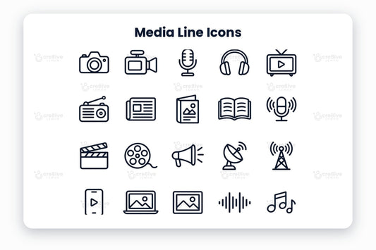Media Line Icons preview on a light grey background, titled 30 Media Line Icons: navy line icons of camera, video camera, microphone, headphones, television, radio, newspaper, magazine, open book, podcast, clapperboard, film reel, megaphone, satellite dish, broadcast tower, mobile video, laptop gallery, image, sound wave, music notes, vinyl record, audio mixer, video timeline, film projector, chat, share, live stream, cloud download, playlist and global media
