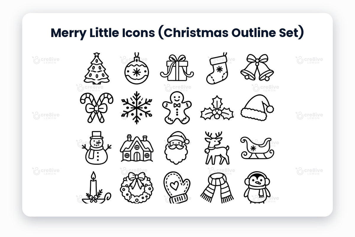 Merry Little Icons (Christmas Outline Set) preview on a light grey background, titled 30 Christmas Outline Icons