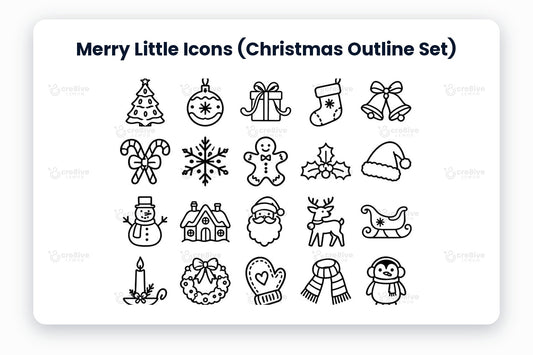Merry Little Icons (Christmas Outline Set) preview on a light grey background, titled 30 Christmas Outline Icons