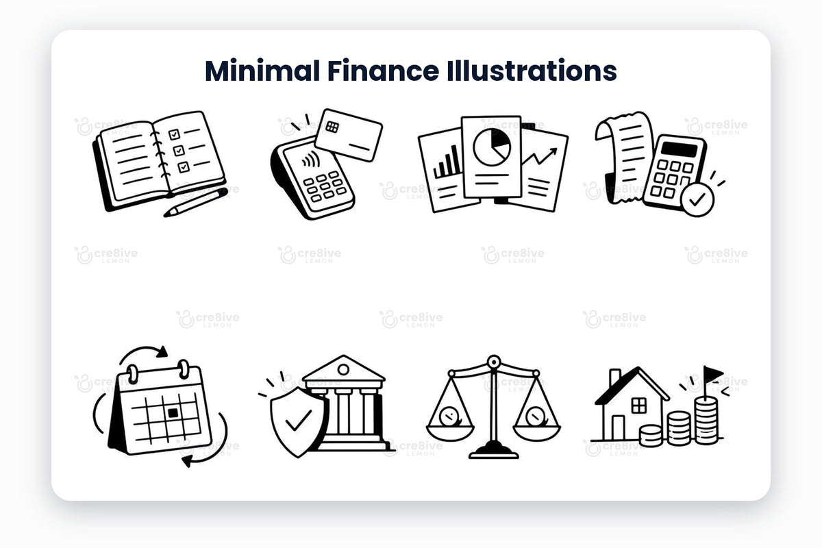 Minimal Finance Illustrations preview: black line illustrations of budget planner, card payment, financial reports, receipt and calculator, recurring payments, secure banking, balanced finances, home savings goal