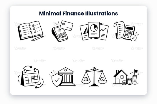 Minimal Finance Illustrations preview: black line illustrations of budget planner, card payment, financial reports, receipt and calculator, recurring payments, secure banking, balanced finances, home savings goal