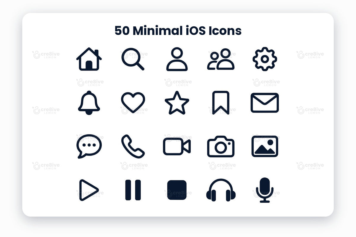 50 Minimal iOS Icons preview: navy line icons of home, search, user, users, settings, notification, heart, star and more