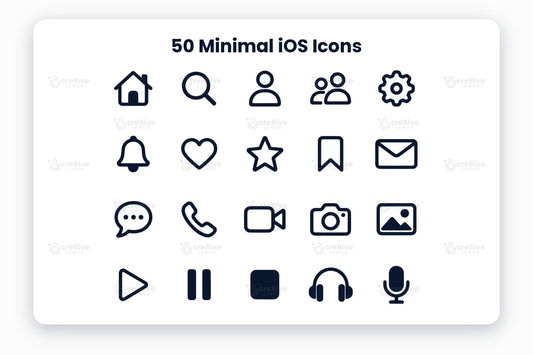 50 Minimal iOS Icons preview: navy line icons of home, search, user, users, settings, notification, heart, star and more