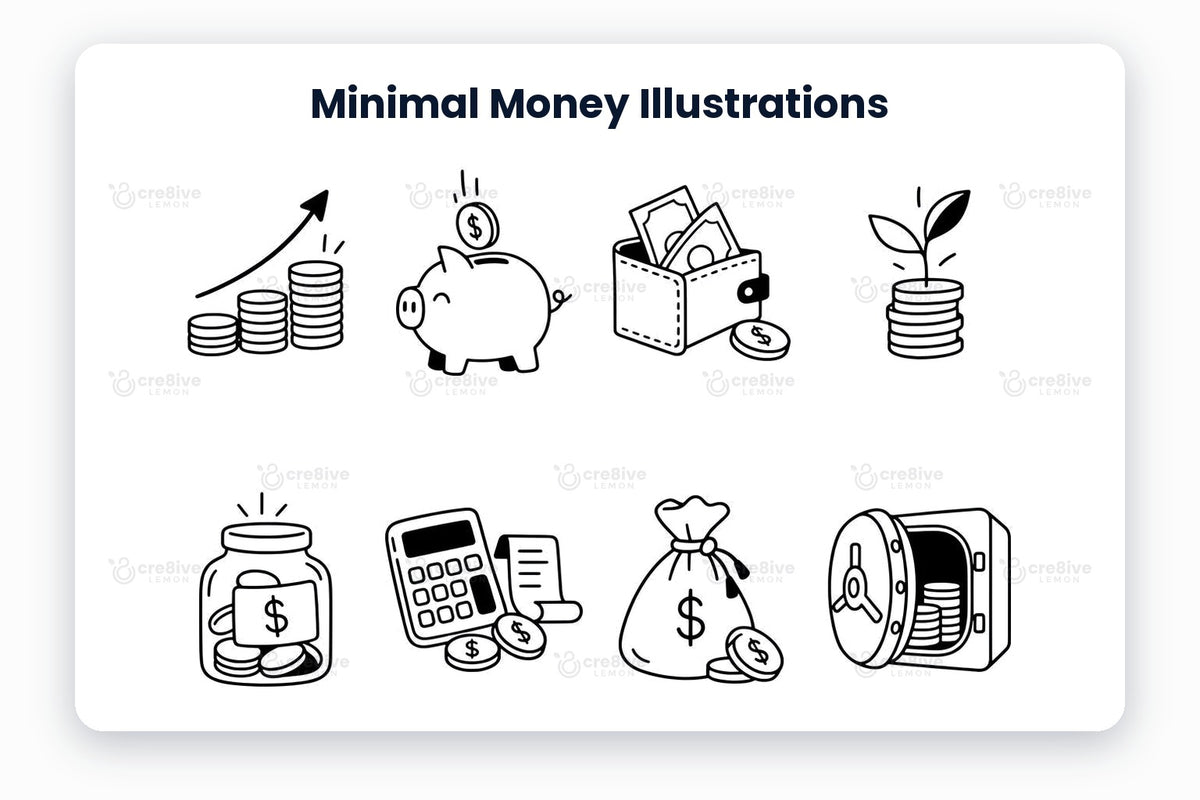 Minimal Money Illustrations preview: black line illustrations of growing savings, piggy bank, wallet with cash, money growth, savings jar, calculator and receipt, money bag, open safe