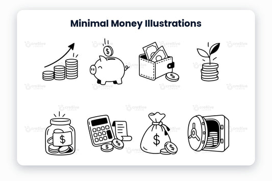 Minimal Money Illustrations preview: black line illustrations of growing savings, piggy bank, wallet with cash, money growth, savings jar, calculator and receipt, money bag, open safe