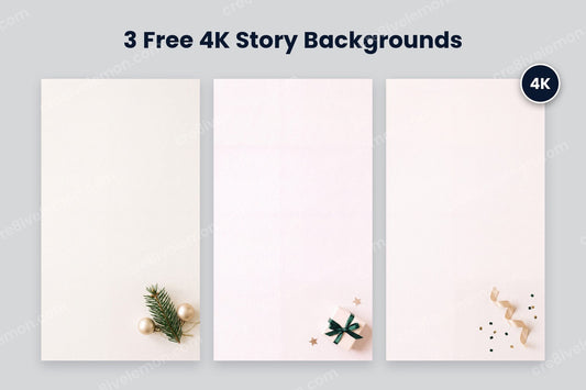 Minimalistic New Year Story Backgrounds preview: the three 4K 9:16 backgrounds side by side with a 4K badge on a light grey background (watermarked preview)