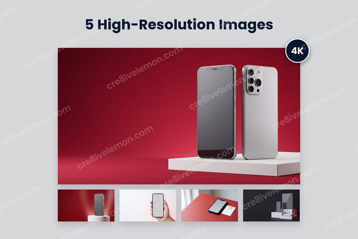 Mobile Network Mockup Image Pack preview: all five smartphone mockups, two phones on a podium large with a 4K badge and four smaller below, on a light grey background (watermarked preview)