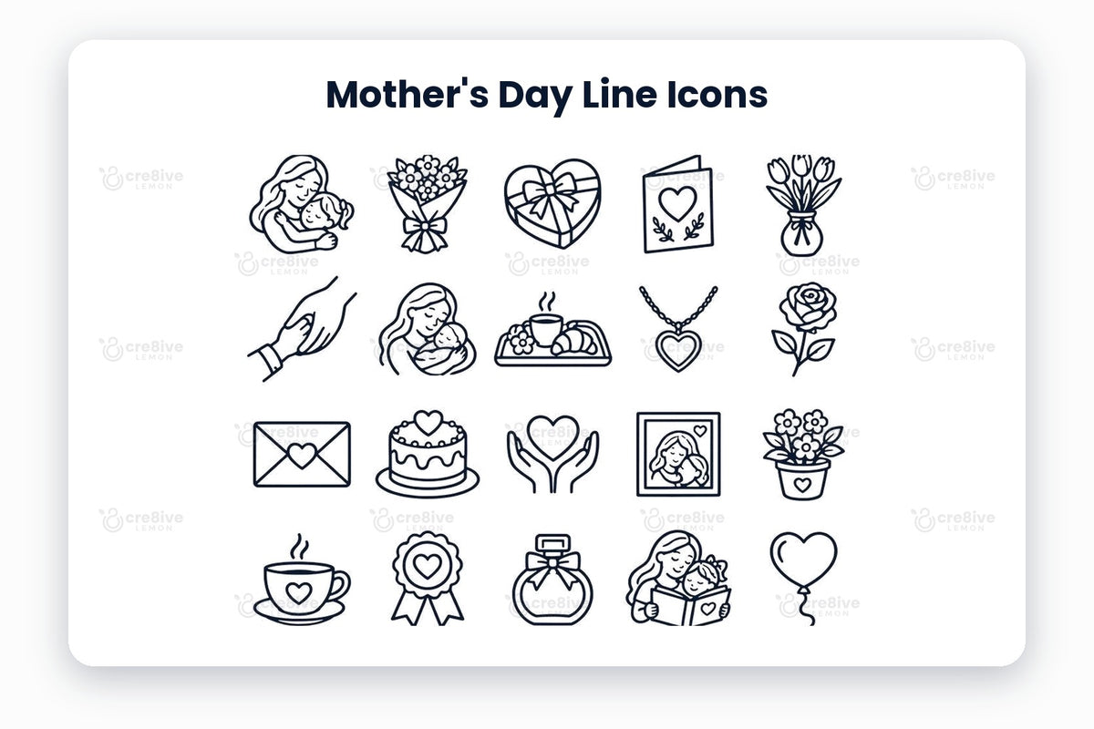 Mother's Day Line Icons preview on a light grey background, titled 29 Mother's Day Line Icons: navy line icons of mother and child, bouquet, heart chocolates, greeting card, tulip vase, holding hands, mother and baby, breakfast tray, heart necklace, rose, love letter, heart cake, caring hands, family photo, potted flowers, tea cup, heart badge, perfume, story time, heart balloon, candle, butterfly, flower basket, grandma hug, two hearts, watering can, cupcake, locket and walking together
