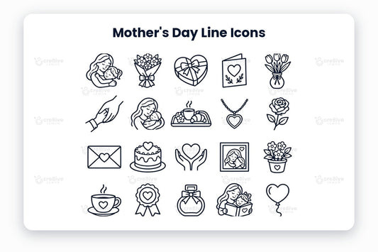 Mother's Day Line Icons preview on a light grey background, titled 29 Mother's Day Line Icons: navy line icons of mother and child, bouquet, heart chocolates, greeting card, tulip vase, holding hands, mother and baby, breakfast tray, heart necklace, rose, love letter, heart cake, caring hands, family photo, potted flowers, tea cup, heart badge, perfume, story time, heart balloon, candle, butterfly, flower basket, grandma hug, two hearts, watering can, cupcake, locket and walking together