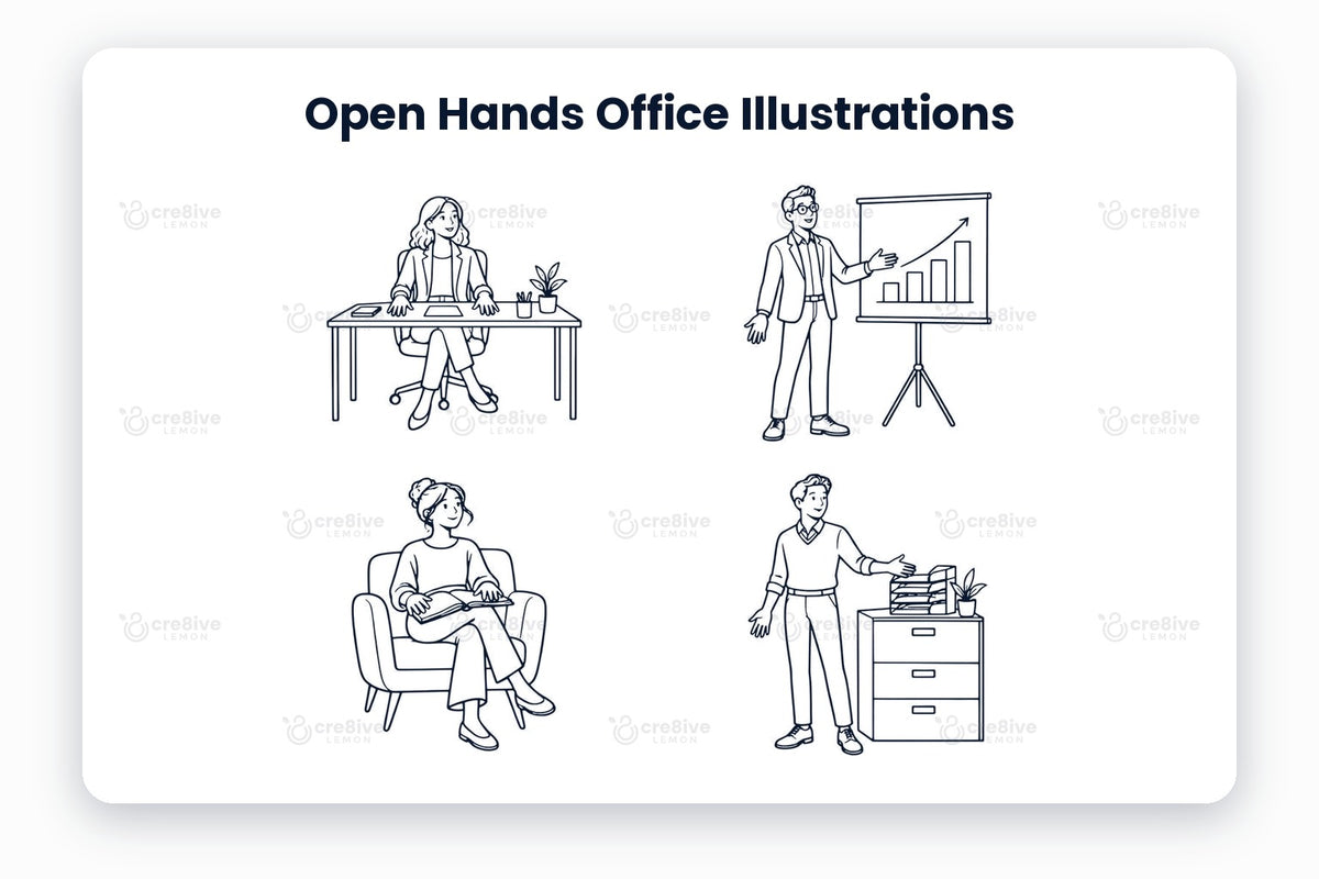 Open Hands Office Illustrations preview: navy line illustrations of welcome at the desk, presenting growth, reading in the armchair, office filing
