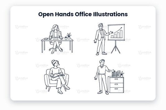 Open Hands Office Illustrations preview: navy line illustrations of welcome at the desk, presenting growth, reading in the armchair, office filing