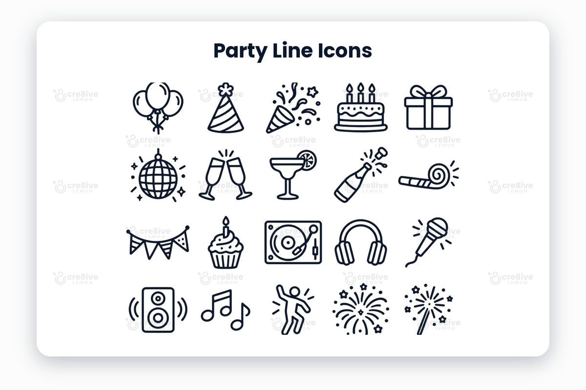 Party Line Icons preview on a light grey background, titled 30 Party Line Icons: navy line icons of balloons, party hat, party popper, birthday cake, gift, disco ball, champagne toast, cocktail, champagne bottle, party horn, bunting, cupcake, turntable, headphones, microphone, speaker, music notes, dancing, fireworks, sparkler, party mask, photo booth, star balloon, champagne bucket, invitation, snack platter, punch bowl, popcorn, paper lantern and tambourine