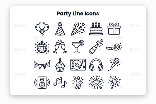 Party Line Icons preview on a light grey background, titled 30 Party Line Icons: navy line icons of balloons, party hat, party popper, birthday cake, gift, disco ball, champagne toast, cocktail, champagne bottle, party horn, bunting, cupcake, turntable, headphones, microphone, speaker, music notes, dancing, fireworks, sparkler, party mask, photo booth, star balloon, champagne bucket, invitation, snack platter, punch bowl, popcorn, paper lantern and tambourine