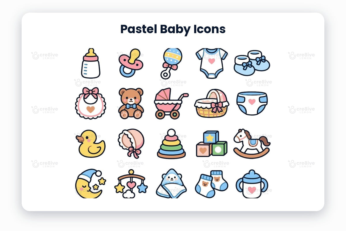 Pastel Baby Icons preview on a light grey background, titled 30 Pastel Baby Icons: navy line icons of baby bottle, pacifier, rattle, onesie, baby booties, bib, teddy bear, pram, bassinet, diaper, rubber duck, baby bonnet, stacking rings, toy blocks, rocking horse, sleepy moon, baby mobile, hooded towel, baby socks, sippy cup, baby food, teething ring, plush bunny, baby monitor, baby feet, handprint, gift, star nightlight, baby blanket and baby face