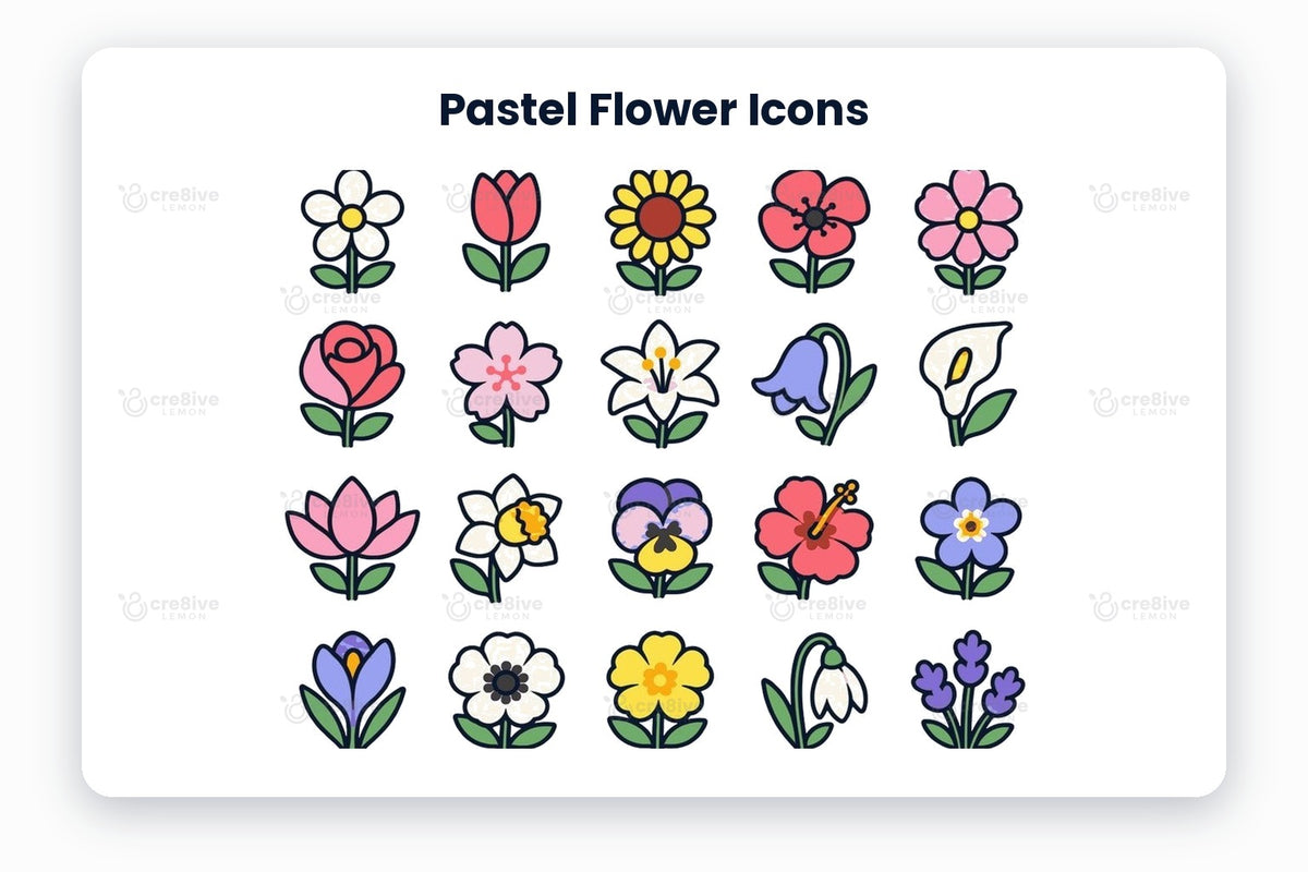 Pastel Flower Icons preview on a light grey background, titled 30 Pastel Flower Icons: navy line icons of daisy, tulip, sunflower, poppy, pink flower, rose, cherry blossom, lily, bluebell, calla lily, lotus, daffodil, pansy, hibiscus, forget-me-not, crocus, anemone, primrose, snowdrop, lavender, marigold, magnolia, iris, zinnia, buttercup, sweet pea, orchid, carnation, fuchsia and california poppy