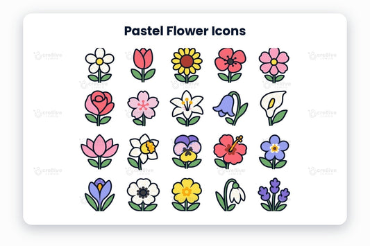 Pastel Flower Icons preview on a light grey background, titled 30 Pastel Flower Icons: navy line icons of daisy, tulip, sunflower, poppy, pink flower, rose, cherry blossom, lily, bluebell, calla lily, lotus, daffodil, pansy, hibiscus, forget-me-not, crocus, anemone, primrose, snowdrop, lavender, marigold, magnolia, iris, zinnia, buttercup, sweet pea, orchid, carnation, fuchsia and california poppy