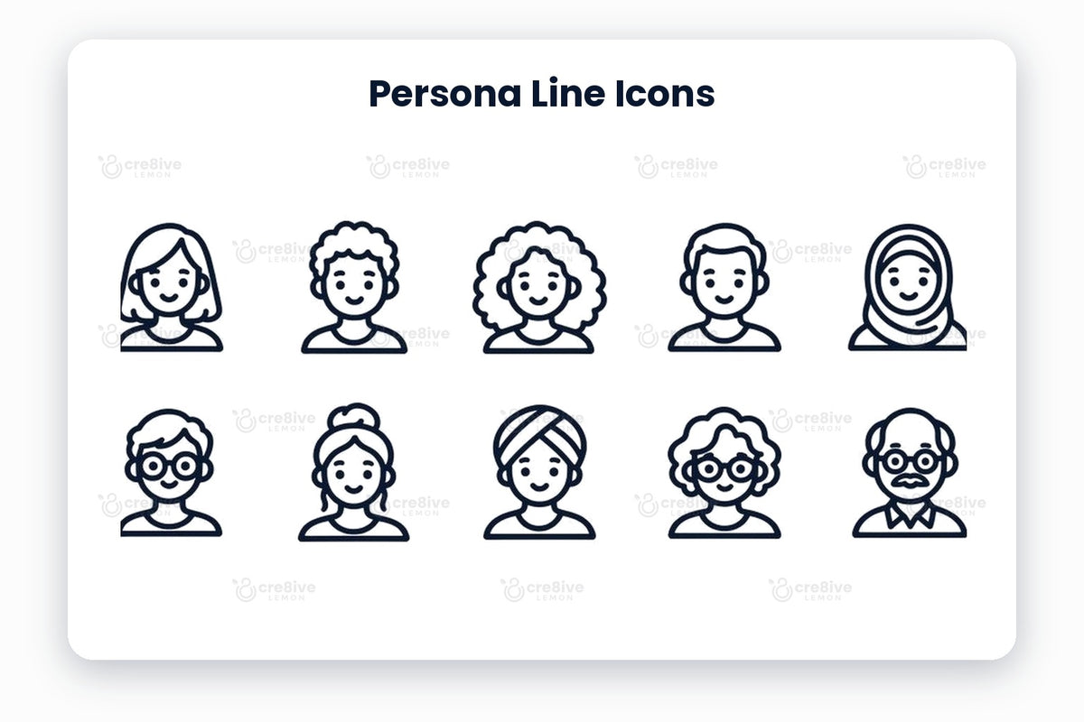 Persona Line Icons preview on a light grey background, titled 12 Persona Line Icons: navy line icons of bob haircut, curly hair, afro, short hair, hijab, glasses, hair bun, turban, curly hair with glasses, senior with moustache, braids and side swept hair