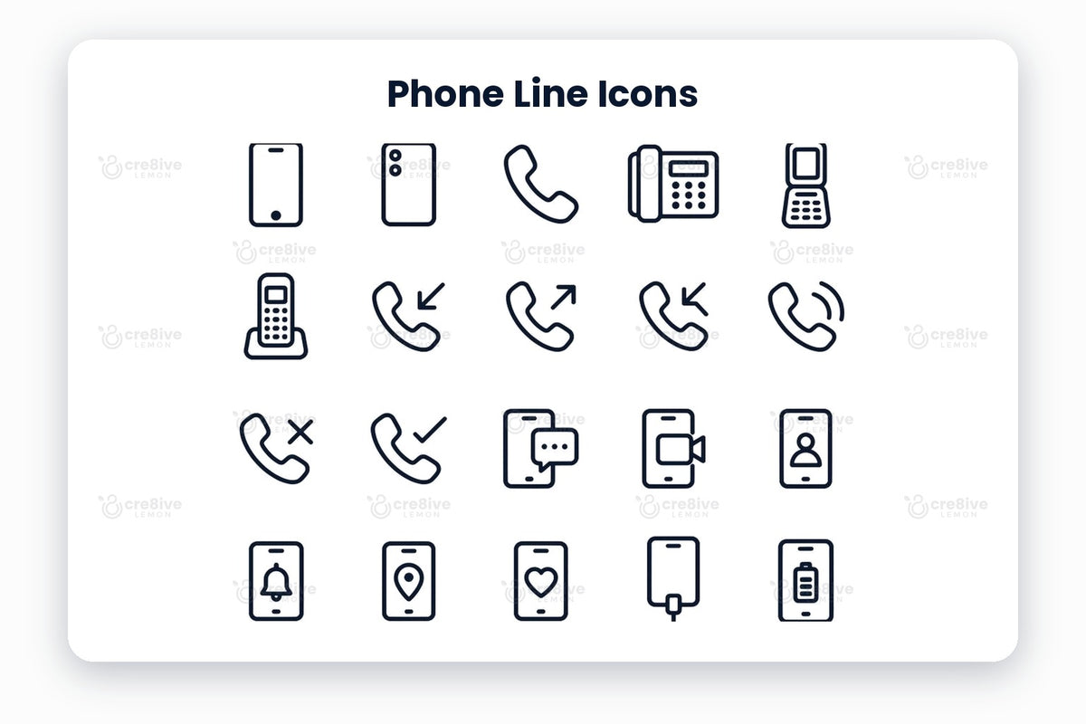 Phone Line Icons preview on a light grey background, titled 30 Phone Line Icons: navy line icons of smartphone, phone back, phone call, desk phone, flip phone, cordless phone, incoming call, outgoing call, missed call, ringing, call declined, call accepted, phone message, video call, contact, phone notification, phone location, phone favourite, charging, battery, phone lock, phone security, phone wifi, vibrate, download, upload, phone sync, phone settings, mobile payment and phone headphones