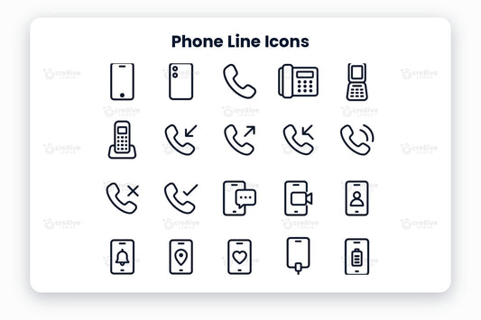 Phone Line Icons preview on a light grey background, titled 30 Phone Line Icons: navy line icons of smartphone, phone back, phone call, desk phone, flip phone, cordless phone, incoming call, outgoing call, missed call, ringing, call declined, call accepted, phone message, video call, contact, phone notification, phone location, phone favourite, charging, battery, phone lock, phone security, phone wifi, vibrate, download, upload, phone sync, phone settings, mobile payment and phone headphones