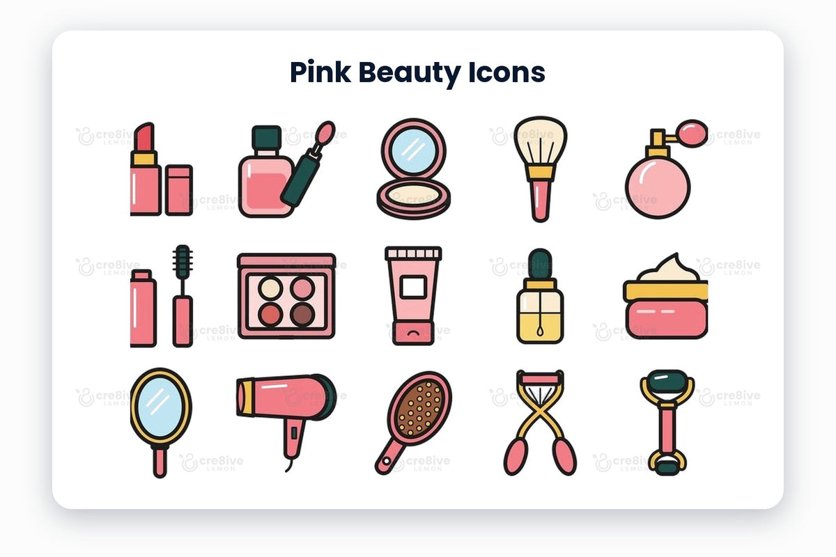 Pink Beauty Icons preview on a light grey background, titled 16 Beauty Icons: lipstick, nail polish, compact, brush, perfume, mascara, palette, cream tube, serum, cream jar, mirror, hair dryer, hairbrush, lash curler, jade roller and lashes